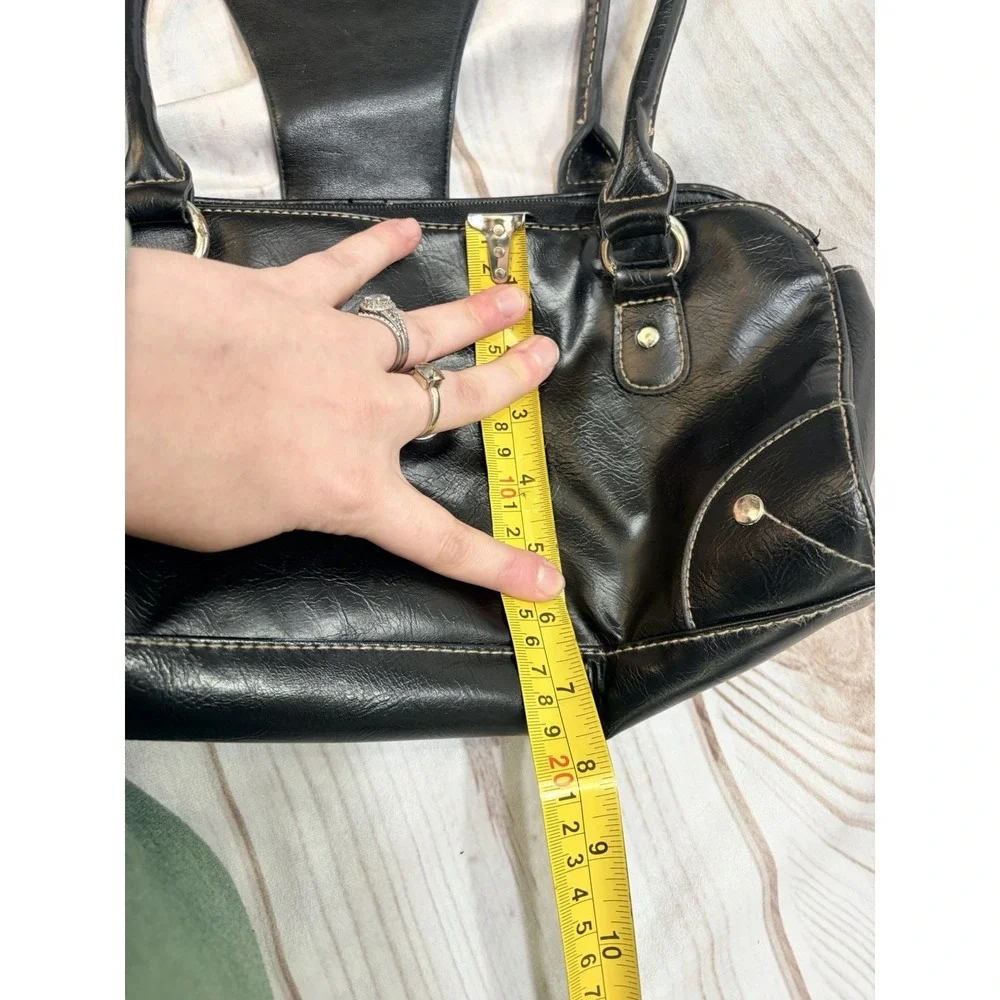 Vintage Y2K Black Faux Leather Bowling Bag Satchel Silver Hardware 2000s